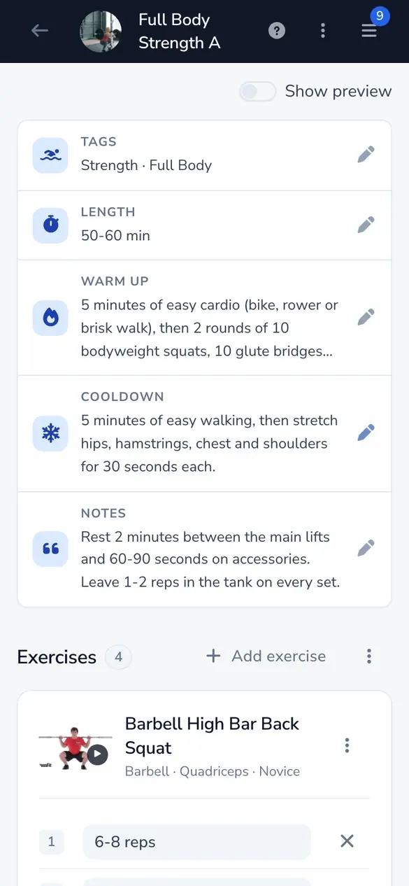 Building a workout in the app
